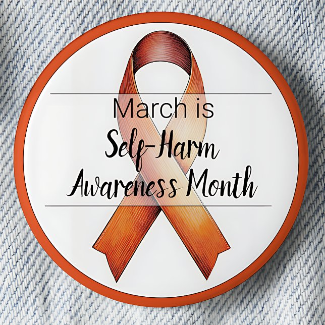 Bóton Redondo 5.08cm Mês de Sensibilização Autoagressiva de Março (March is Self-Harm Awareness Month pinback button. Orange Awareness ribbon.)