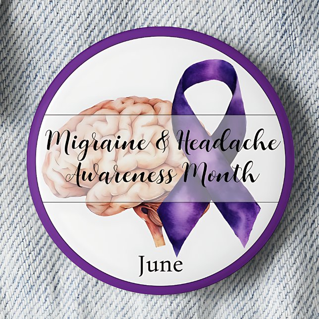 Bóton Redondo 5.08cm Mês de Sensibilização para Enxaqueca e Dores de Ca (Migraine & Headache Awareness Month.  June. Purple awareness ribbon.)