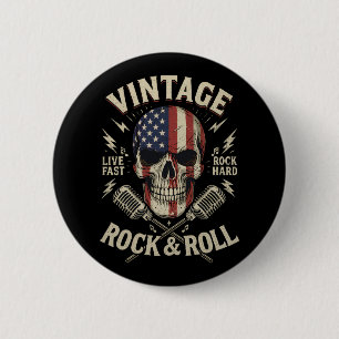Bóton Redondo 5.08cm Microfone de Fita com Caveira de Rock Vintage e Ba