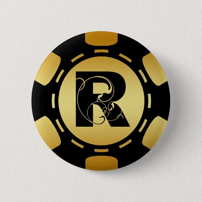 BÓTON REDONDO 5.08CM MICROPLAQUETA DE PÓQUER PRETA E DOURADO DA LETRA R (Frente)