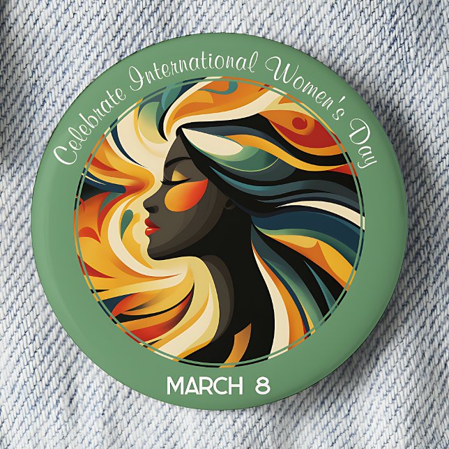 Bóton Redondo 5.08cm Mint Art Deco Celebra o Dia Internacional da Mulhe (Mint Green Celebrate International Women's Day March 8 pinback button.)