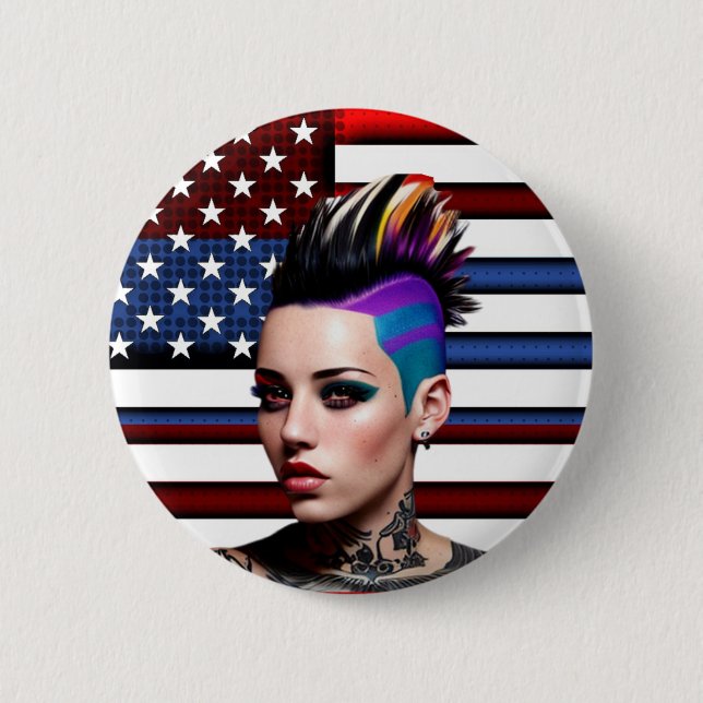 Bóton Redondo 5.08cm Mohawk Punk Girl with American Flag (Frente)