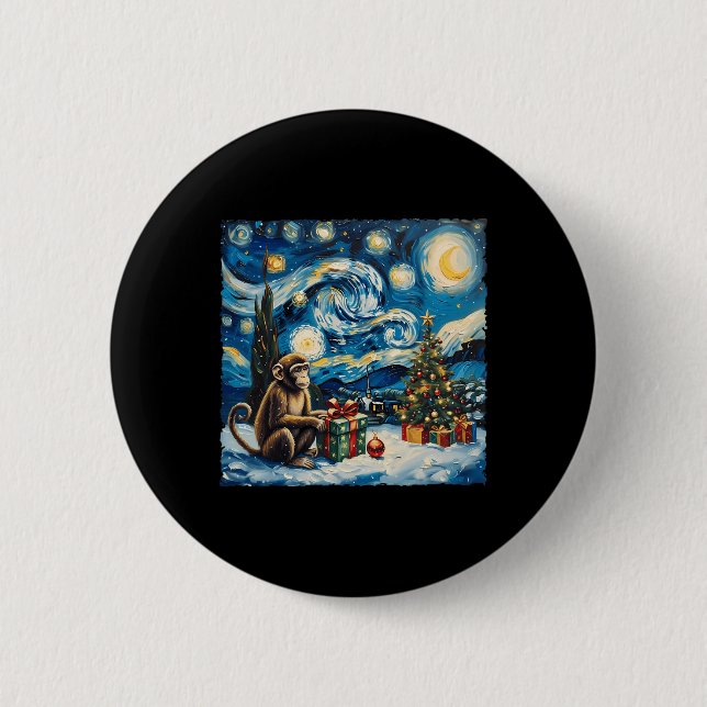 Bóton Redondo 5.08cm Monkey Van Gogh Style Starry Night Winte (Frente)