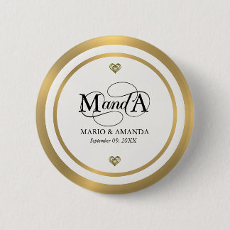 Bóton Redondo 5.08cm Monograma de Casamento Personalizado Dourado Branc