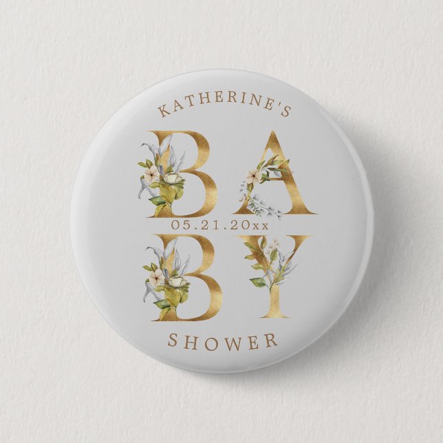 Bóton Redondo 5.08cm monograma de chá de fraldas com letras florais dou (Frente)