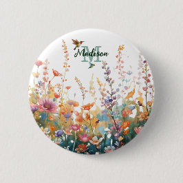 Bóton Redondo 5.08cm Monograma de Flores Silvestres Aquarela Nome Perso