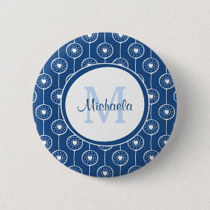 Bóton Redondo 5.08cm Monograma de na moda Blue e White Hearts com Nome