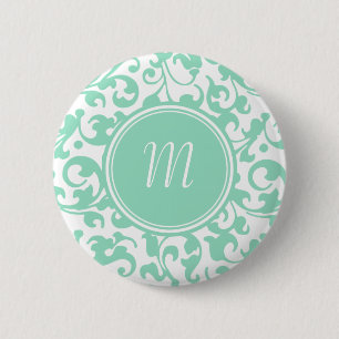 Bóton Redondo 5.08cm Monograma de rolagem do Damask Verde e Branco Eleg
