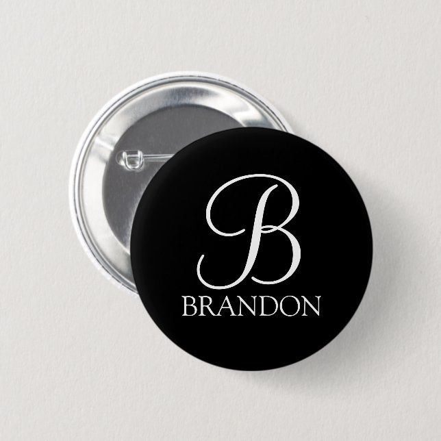 Bóton Redondo 5.08cm Monograma e Nome de Script Personalizado Preto (Frente & Verso)