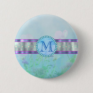 Bóton Redondo 5.08cm Monograma Floral Azul Pastel
