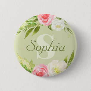 Bóton Redondo 5.08cm Monograma Nome Verde Cor de Água Rosa Floral