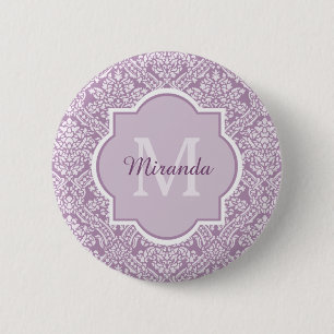 Bóton Redondo 5.08cm Monograma roxo do damasco da lavanda chique com