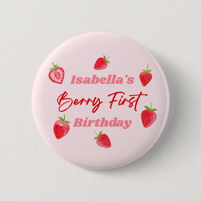 Bóton Redondo 5.08cm Morango Berry Primeiro Aniversário Vermelho e Rosa (Frente)