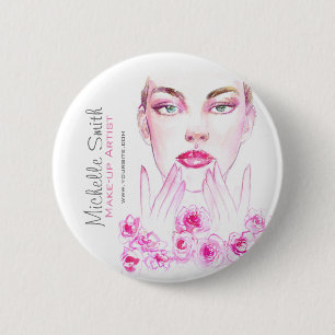 Bóton Redondo 5.08cm Mulher aquarela e rosa de beleza salon marca