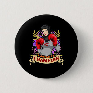 Bóton Redondo 5.08cm Mulher Árabe Empoderada com Hijab Boxe Kickboxing