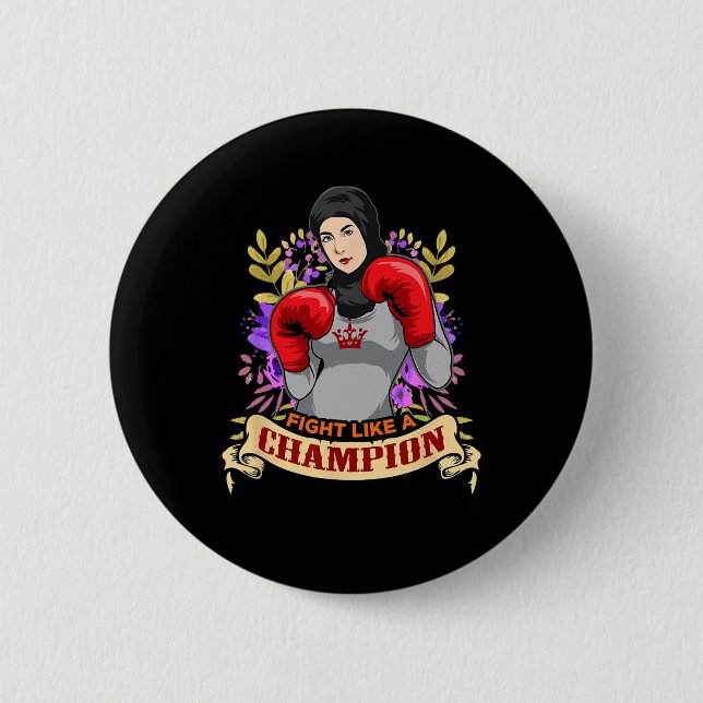 Bóton Redondo 5.08cm Mulher Árabe Empoderada com Hijab Boxe Kickboxing  (Frente)