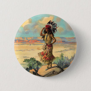 Bóton Redondo 5.08cm Mulher Nativa Americana Vintage com Arte de Cocar