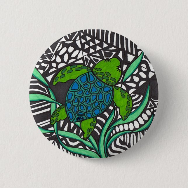 Bóton Redondo 5.08cm Nadando tartaruga-do-mar Honu com Button de algas  (Frente)