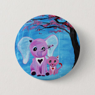 Bóton Redondo 5.08cm Não Me Esqueças Arte de Elefante Rosa com Flor de
