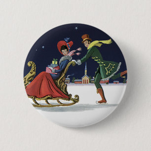 Bóton Redondo 5.08cm Natal vintage, casal no patinagem no gelo do amor