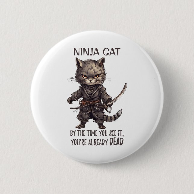 Bóton Redondo 5.08cm Ninja Cat, japonês Samurai Kawaii Cat Tattoo Funn (Frente)