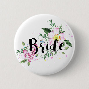Bóton Redondo 5.08cm Noiva Rosa Floral Aquarela Casamento Chá de Noiva