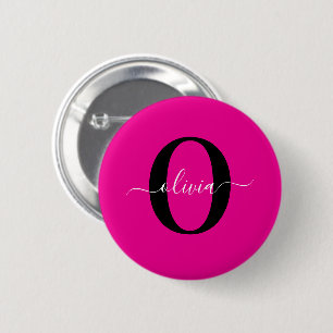 Bóton Redondo 5.08cm Nome com Letra Inicial Personalizada Rosa Preto Br