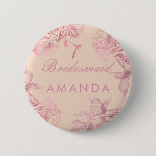 Bóton Redondo 5.08cm Nome de etiqueta de Bridesmaid Floral Cor-de-Rosa 