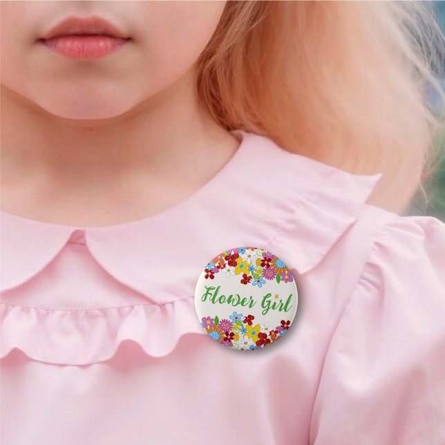 Bóton Redondo 5.08cm Nome de etiqueta de Casamento de Jardim das Flores (FLOWER GIRL Colorful Spring Flowers Garden Wedding Rehearsal Name Tag Pinback Button @ fat_fa_tin)