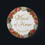 Bóton Redondo 5.08cm Nome de etiqueta de Casamento Floral de outono de<br><div class="desc">Este belo botão de nome de etiqueta foi desenhado como um presente para a sua madrinha de casamento. Apresenta uma coroa de rosas vitorianos e outras flores de safra em lindas cores do outono, incluindo coral, vermelho, laranja, ouro e ameixa. O design floral é tornado ainda mais elegante pelas delicadas...</div>