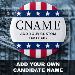 Bóton Redondo 5.08cm Nome do candidato: estrelas da campanha eleitoral<br><div class="desc">Botão de retração do crachá com o nome do candidato e a linha de texto/slogan/etiqueta personalizada. Texto preto com estrelas e faixas bordas acima e abaixo.</div>