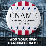 Bóton Redondo 5.08cm Nome do candidato: estrelas da campanha eleitoral<br><div class="desc">Botão de retração do crachá com o nome do candidato e a linha de texto/slogan/etiqueta personalizada. Texto preto com estrelas e faixas bordas acima e abaixo.</div>