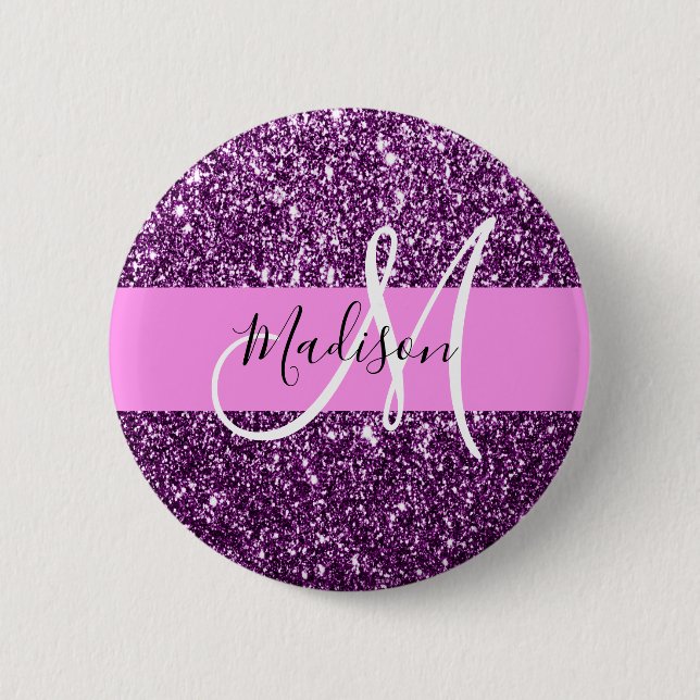 Bóton Redondo 5.08cm Nome do Monograma do Glam Pink & Purple Glitter Sp (Frente)
