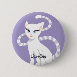 Bóton Redondo 5.08cm Nome Personalizado Bonito Cartoon White Cat