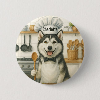 Bóton Redondo 5.08cm Nome Personalizado Divertido Cão Chef Husky Siberi