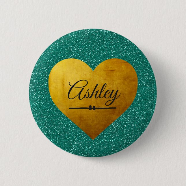 Bóton Redondo 5.08cm Nome Personalizado do Coração Dourado Emerald Glit (Frente)