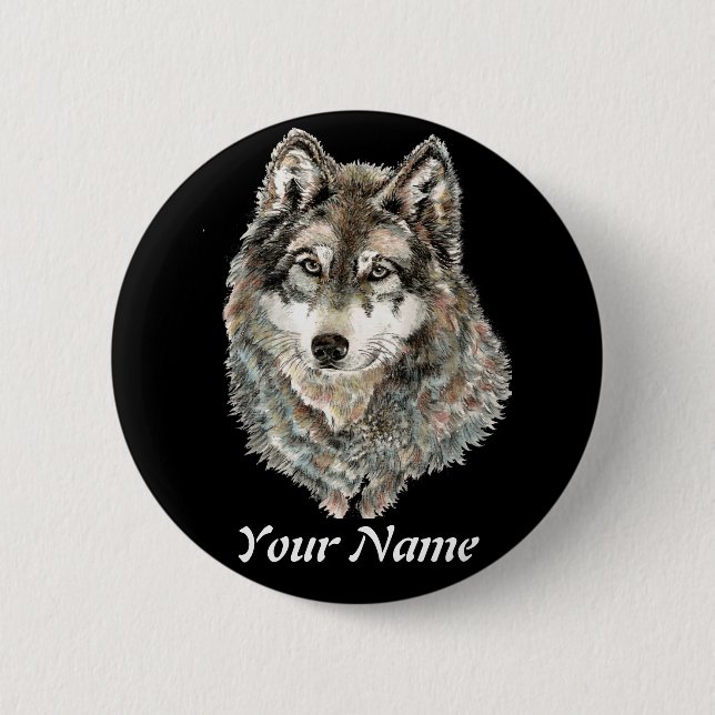 Bóton Redondo 5.08cm Nome personalizado ou Wolf de texto aquarela anima (Frente)