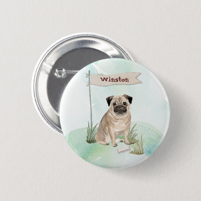 Bóton Redondo 5.08cm Nome Personalizado Pug Cãozinho (Frente & Verso)