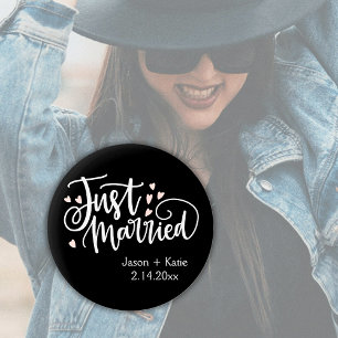 Bóton Redondo 5.08cm Nomes de Script de Recem casados do HEARTS Data de