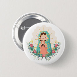 Bóton Redondo 5.08cm Nossa Senhora de Guadalupe com flores Estilo Kawai