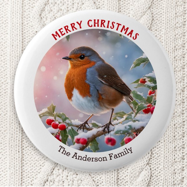 Bóton Redondo 5.08cm Nostalgic Winter Robin Redbreast Feliz Natal (A personalized Christmas button badge with a festive robin redbreast on a snowy branch)