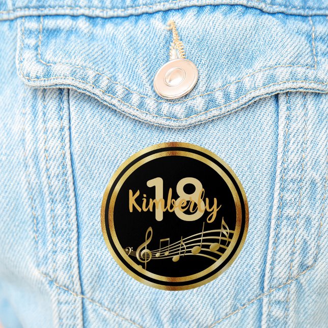 Bóton Redondo 5.08cm Notas de ouro de 18 anos em preto na moda (Criador carregado)