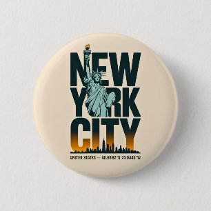 Bóton Redondo 5.08cm Nova Iorque Typografia Estátua da Liberdade Skylin