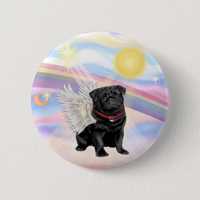 Bóton Redondo 5.08cm Nuvens - Anjo Pug Preto (Frente)