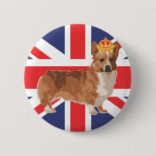 Bóton Redondo 5.08cm O Corgi da rainha com coroa e Union Jack