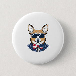 Bóton Redondo 5.08cm Óculos de Sol Patrióticos Corgi Arte Vetorial Vint