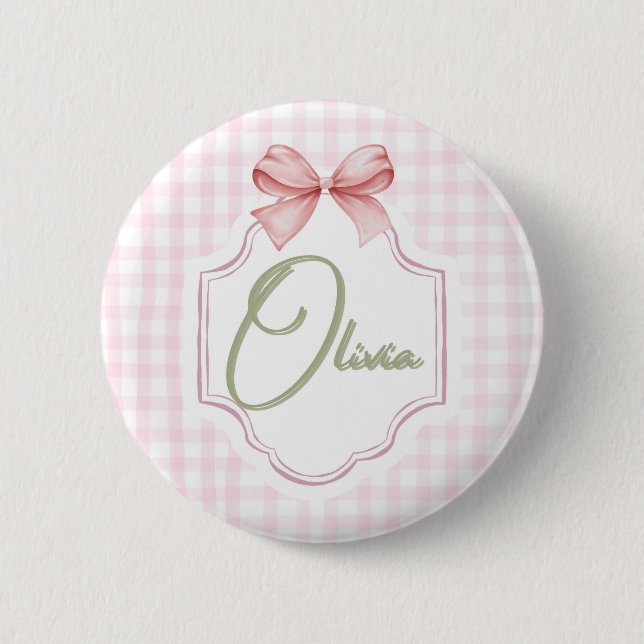 Bóton Redondo 5.08cm Olivia Personalizado Arco Rosa & Gingham Impressão (Frente)