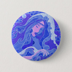 Bóton Redondo 5.08cm Onda, Sereia, Rapariga Asiática Fantástica, Azul e