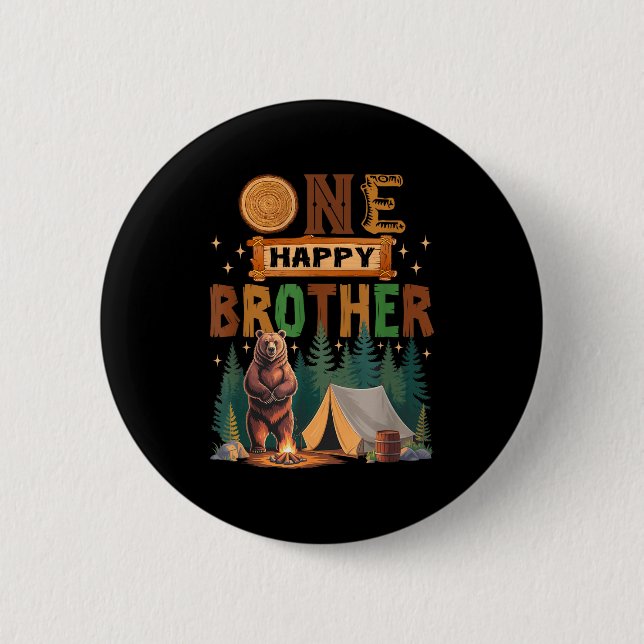 Bóton Redondo 5.08cm One Happy Brother Camper 1st Birthday Camng Bear  (Frente)