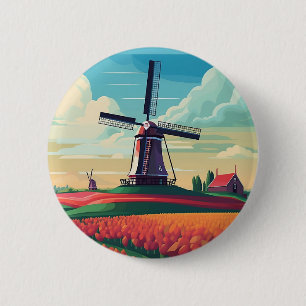 Bóton Redondo 5.08cm Orange Tulip Field Windmill Países Baixos
